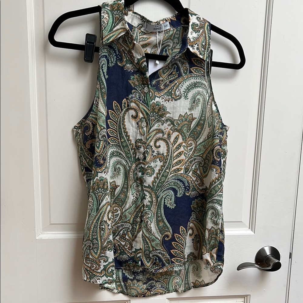 Mango Green and Blue Paisley Buttoned Sleeveless Collar Blouse